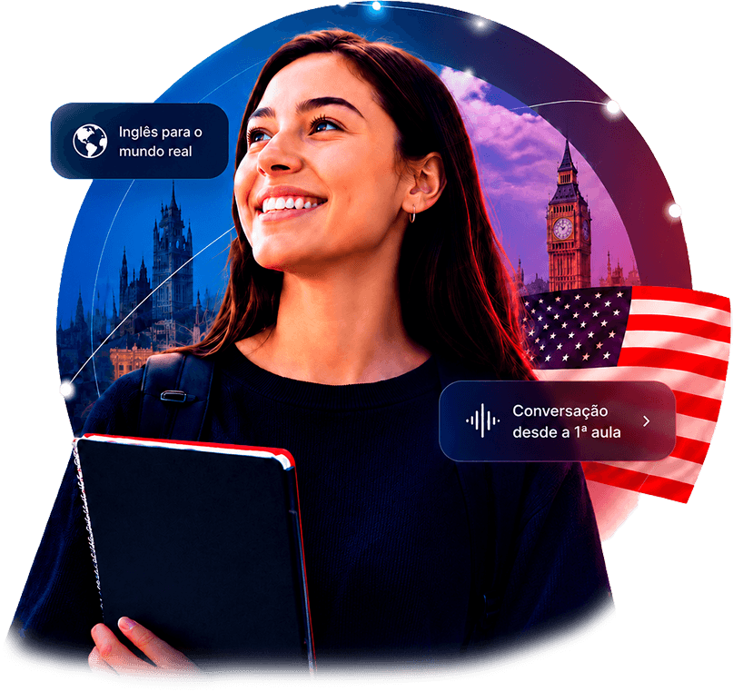 Aluna da English Solution com símbolos do Reino Unido e EUA